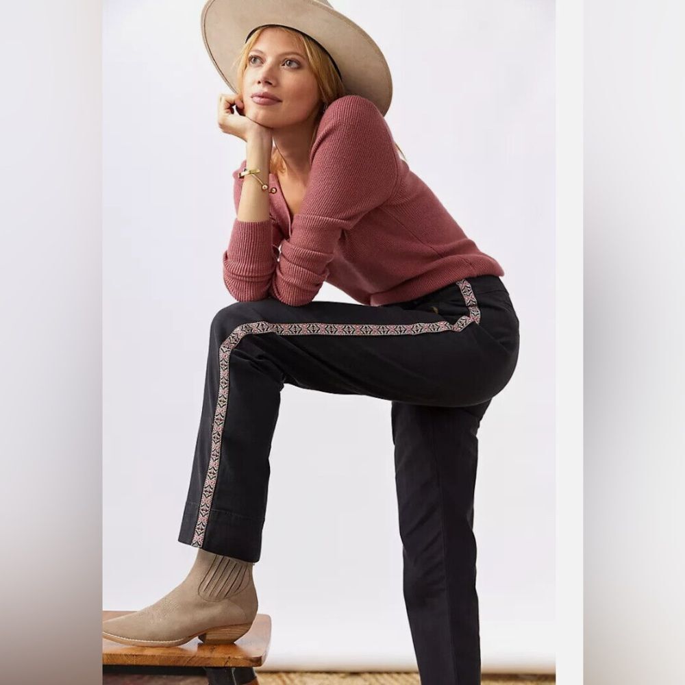 Anthropologie black khaki style pants with side stripe. Size 8.